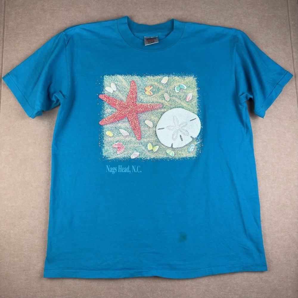 VTG Oneita T-Shirt‎ XL Blue Nags Head NC Nature Beach Tee Single Stitch USA
